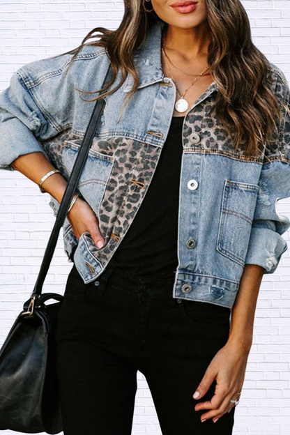 Distressed Leopard Drop Shoulder Denim Jacket