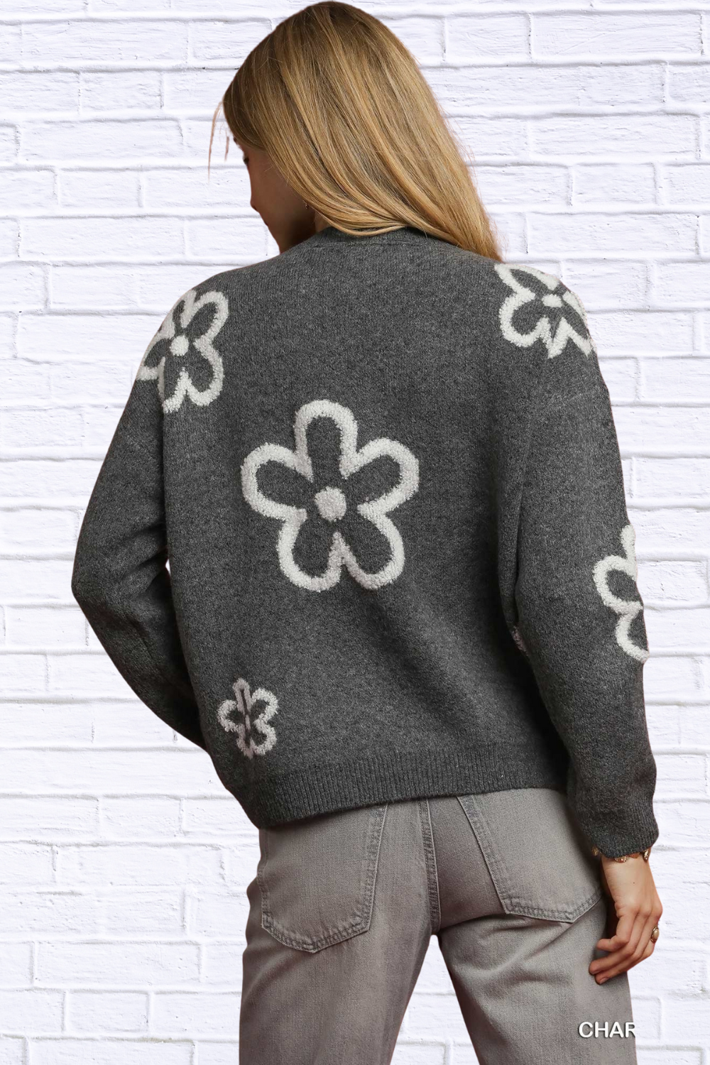 Charcoal Round Neck Sweater with Floral Accents