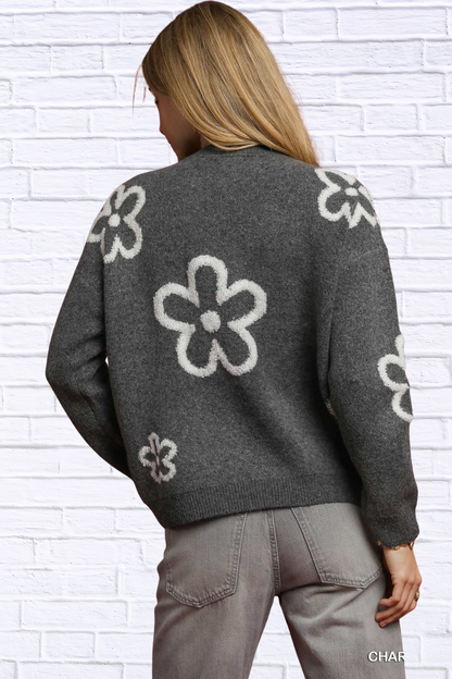 Charcoal Round Neck Sweater with Floral Accents