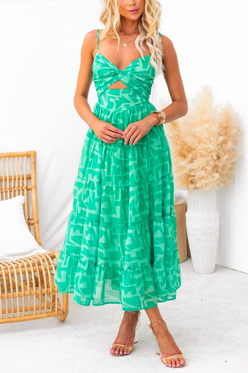 Tie Shoulder Twist Front Cut Out Printed Maxi Cami Dress Green