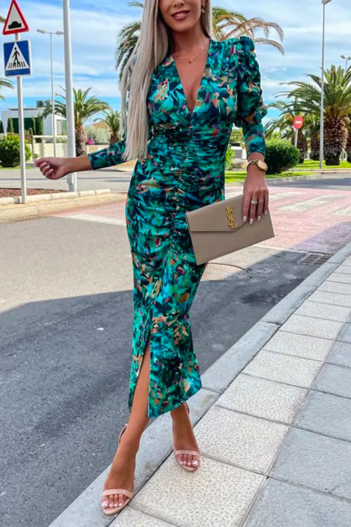 Rosiedress Deep V Neck Long Sleeve Ruched Slit Printed Bodycon Dress Blue