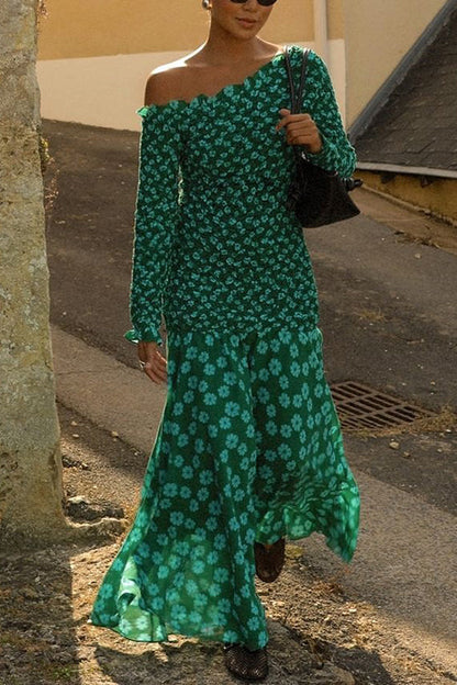 Long Sleeves Splice Ruffle Floral Print Maxi Dress