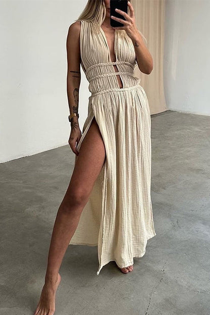 Deep V Neck Cut Out High Slit Cotton Linen Maxi Beach Dress Beige OneSize