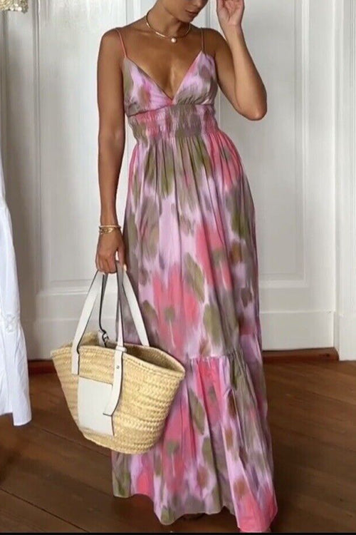 Rosiedress V Neck Open Back High Waist Tie Dye Maxi Vacation Dress