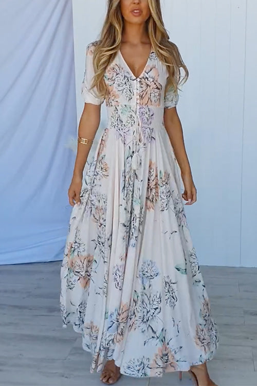 Buttons V Neck High Waist Floral Maxi Swing Dress Floral