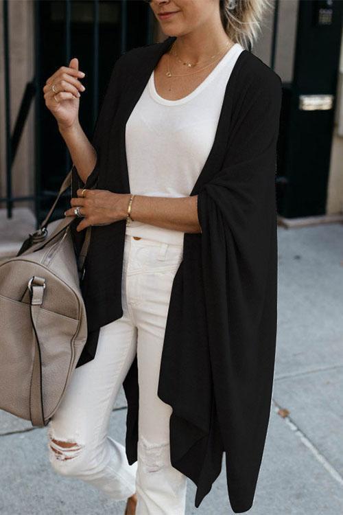 Open Front Irregular Kimo Cloak Cardigan Black