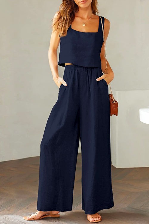 Rosiedress Square Collar Cami Crop Top Wide Leg Pants Cotton Linen Set DarkBlue