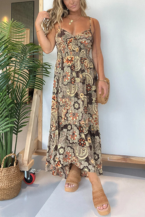 Rosiedress V Neck Back Lace-up Slit Floral Print Maxi Cami Dress