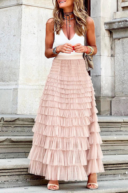 Ruffle Layered Mesh A-line Long Tulle Skirt Pink