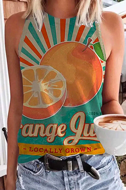 Cute Crewneck Graphic Printed Tank Top Orange