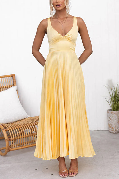 V Neck Backless Cut Out Pleated Maxi Cami Dress Yellow