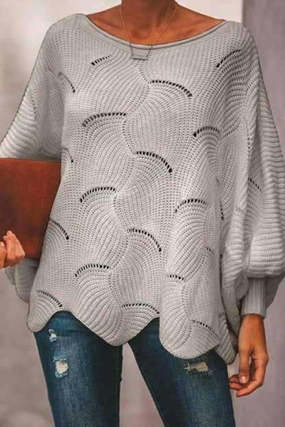 Solid Irregular Hem Lantern Sleeve Knit Sweater Gray