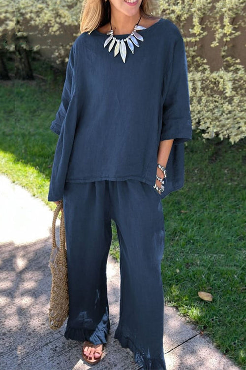 Rosiedress Cotton Linen 3/4 Sleeves Pullover Top Wide Leg Ruffle Hem Pants Set DarkBlue