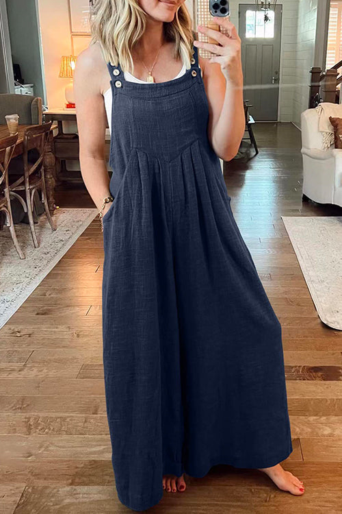 Rosiedress Buttons Pockets Wide Leg Palazzo Overalls DarkBlue