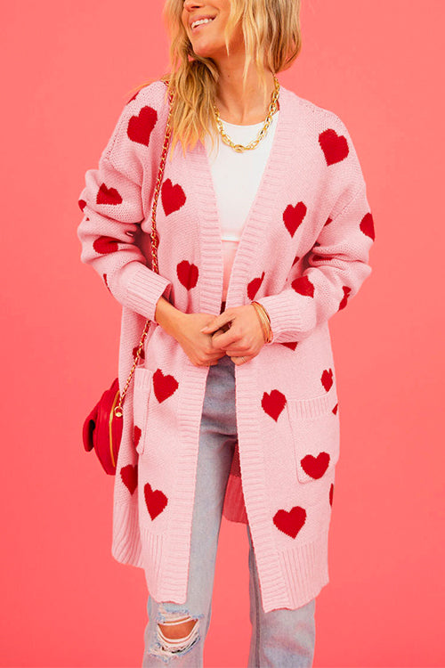 Open Front Pocketed Valentines Date Heart Print Cardigan Pink