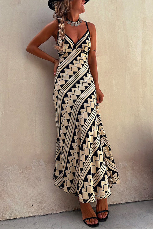 Chic V Neck Geometric Printed Irregular Maxi Cami Dress Printed