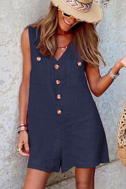 V Neck Buttons Wide Leg Tank Romper DarkBlue