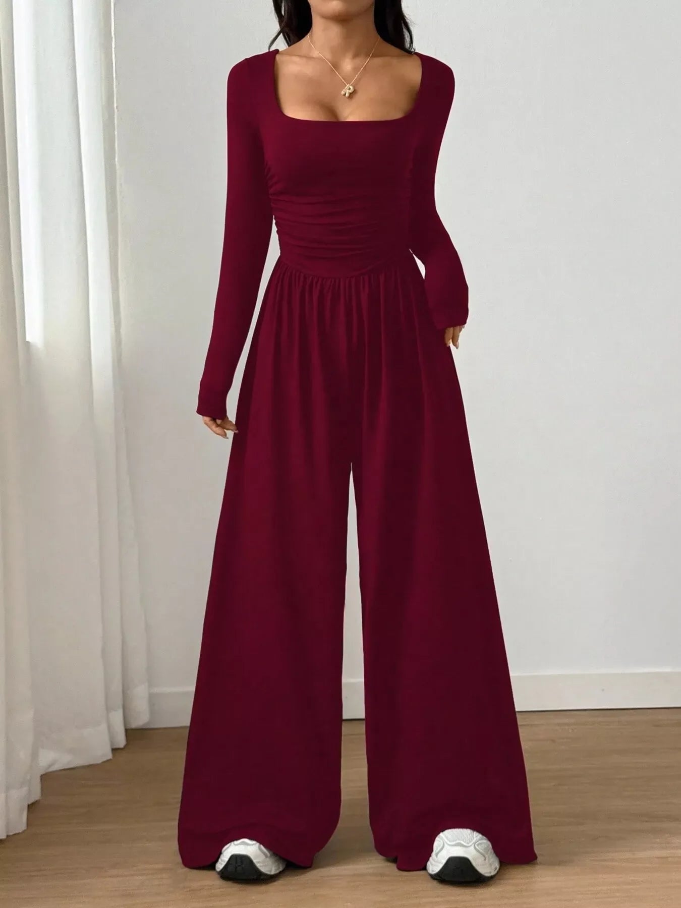 Ruched Square Neck Wide-Leg Jumpsuit