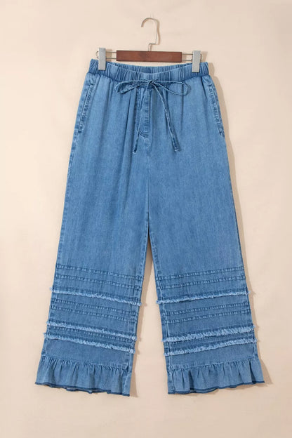 Ruffled Hem Wide Leg Chambray Pants