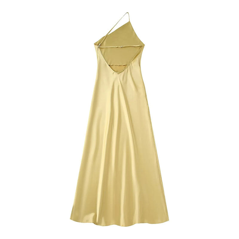 Asymmetrical Yellow Satin Slim-fit Dress