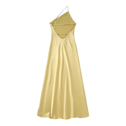 Asymmetrical Yellow Satin Slim-fit Dress