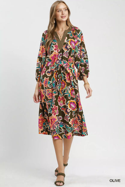 Umgee Abstract Print Embroidered Belted Midi Dress