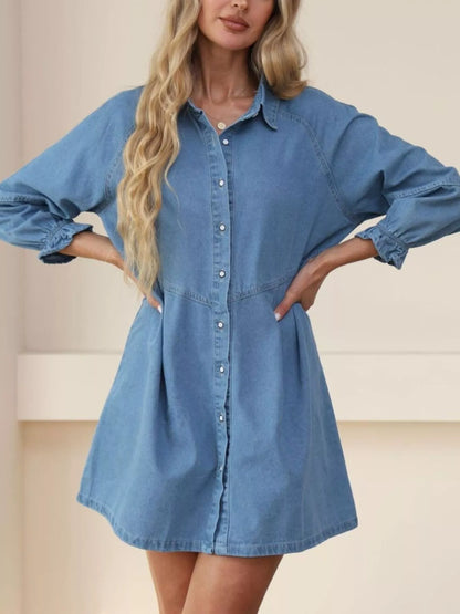 Classic Button-Down Long Sleeve Denim Shirt Dress