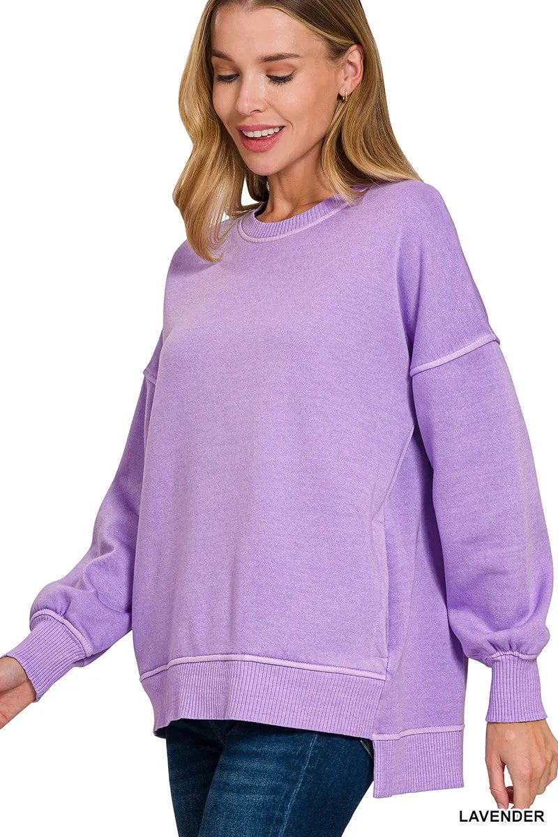 Zenana Pigment Dye Fleece Hi-low Hem Sweatshirt With Pocket