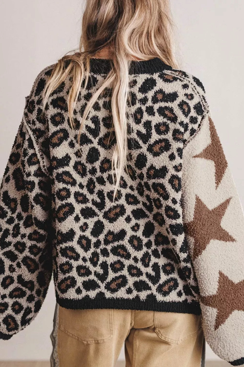 Leopard Star Pattern Round Neck Long Sleeve Shift Sweater