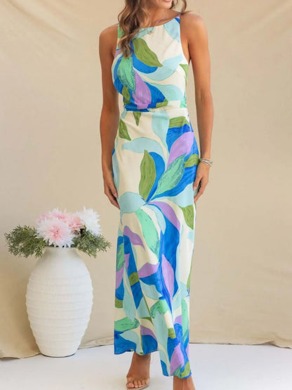 Printed Backless Sleeveless Maxi Dress