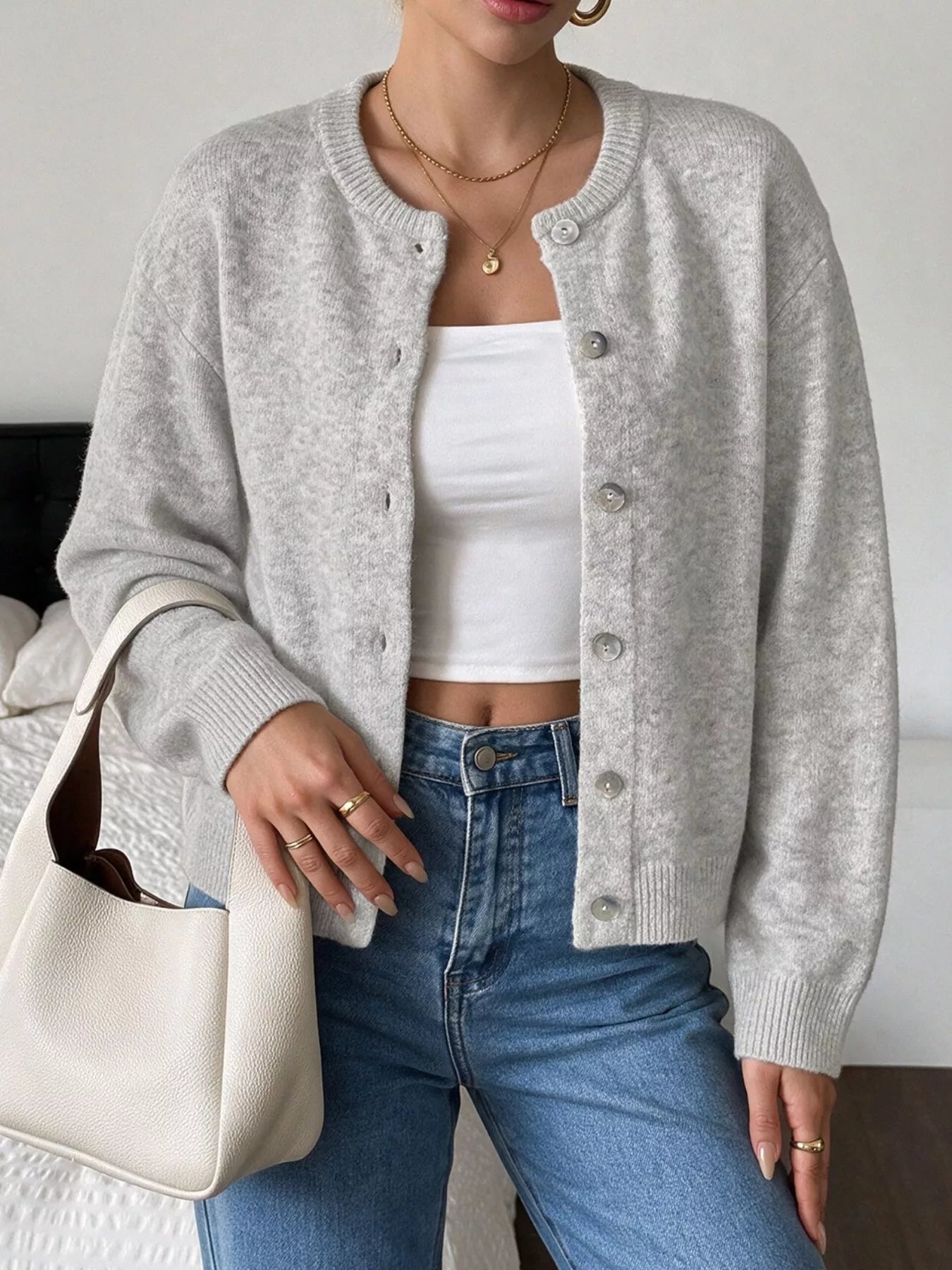 Crew Neck Button-Down Cardigan