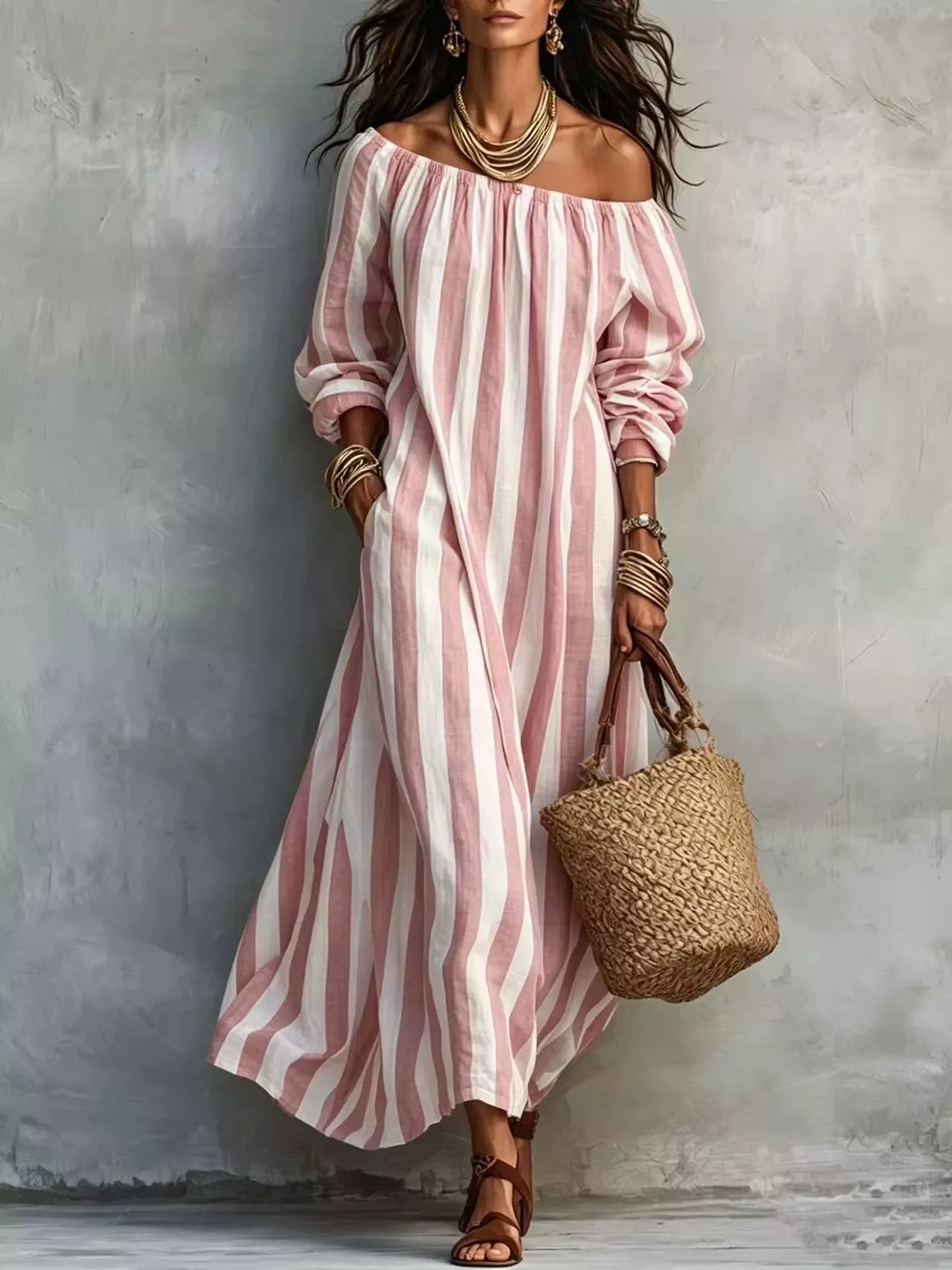Off-Shoulder Striped Dress with Pockets