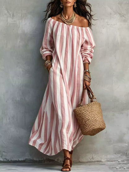 Off-Shoulder Striped Dress with Pockets