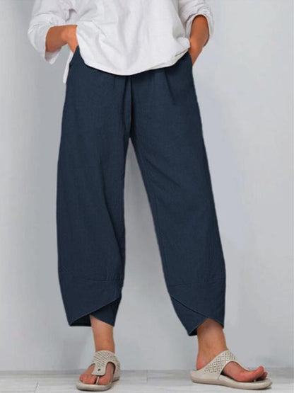 Women's loose cotton elastic waist wide-leg pants