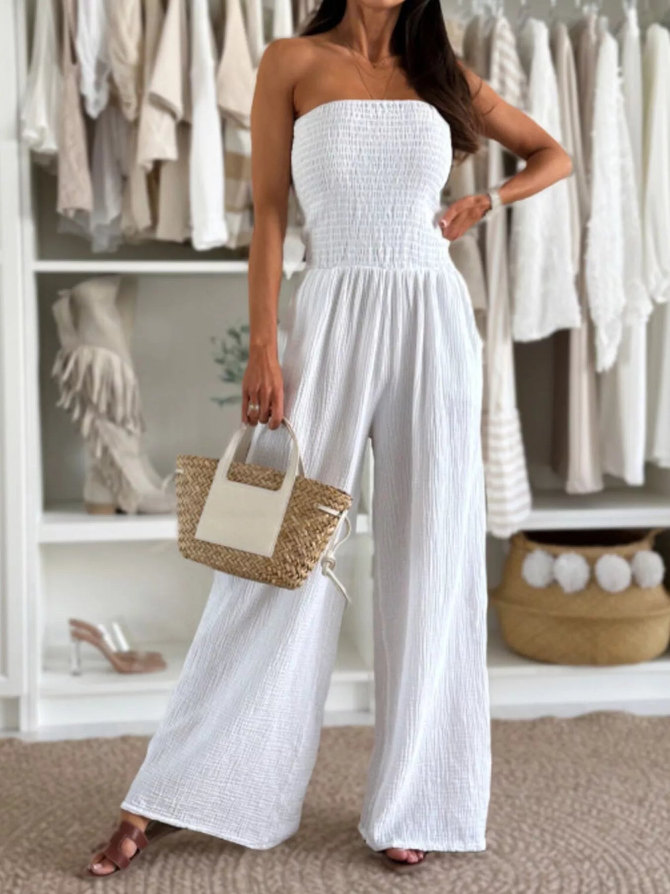 Smocked Strapless Wide-Leg Jumpsuit