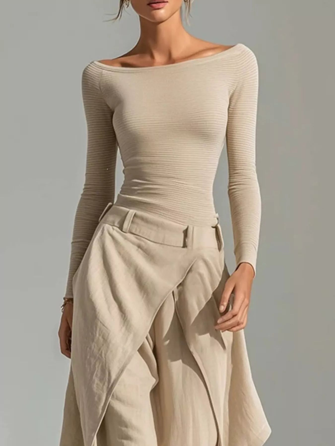 Boat Neck Long Sleeve Top and Asymmetrical Pants Set