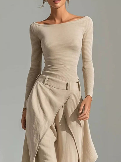 Boat Neck Long Sleeve Top and Asymmetrical Pants Set