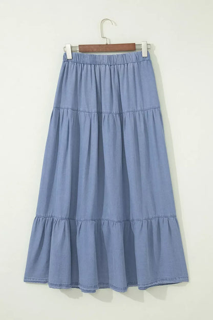 Elastic Waist Ruffled Tiered Flared Denim Maxi Skirt