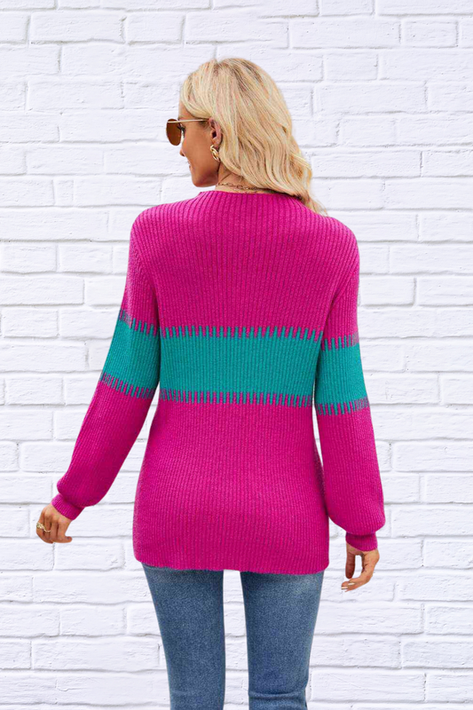 Contrast pink and Teal Round Neck Sweater