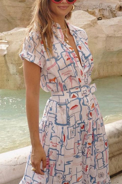 Short Sleeves Button Up Abstract Print Ruffle Maxi Shirt Dress