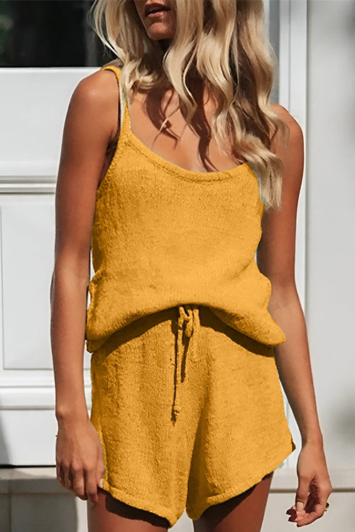Solid U Neck Cami Top Drawstring Waist Shorts Knit Set Yellow
