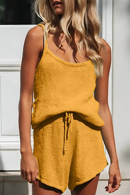 Rosiedress Solid U Neck Cami Top Drawstring Waist Shorts Knit Set Yellow