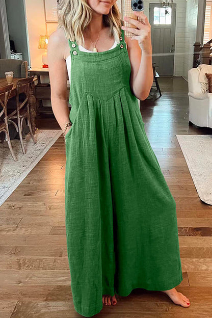 Buttons Pockets Wide Leg Palazzo Overalls Green