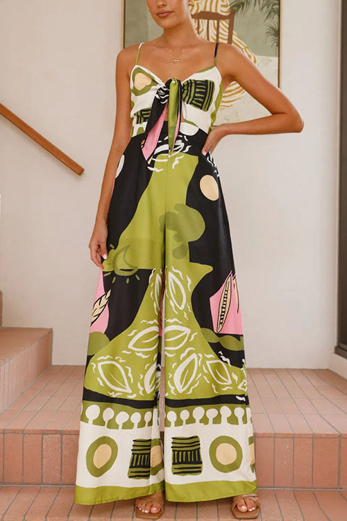 Combinaison caraco imprimée à jambe large avec découpes sur le devant et lien à nouer