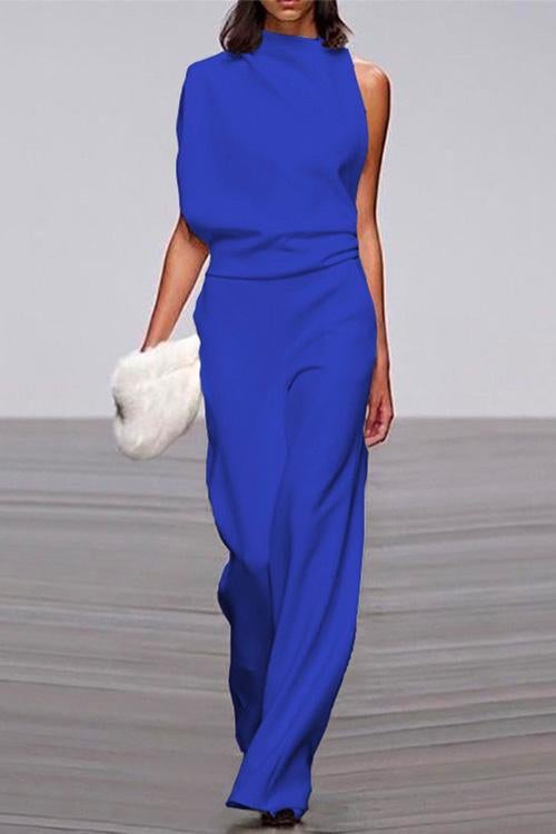 Rosiedress One Shoulder Waisted Wide Leg Jumpsuit Blue