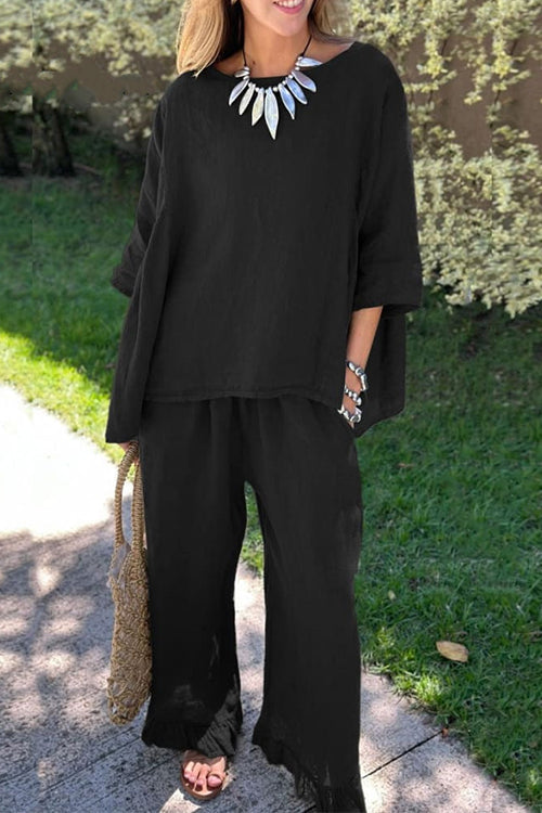Cotton Linen 3/4 Sleeves Pullover Top Wide Leg Ruffle Hem Pants Set Black