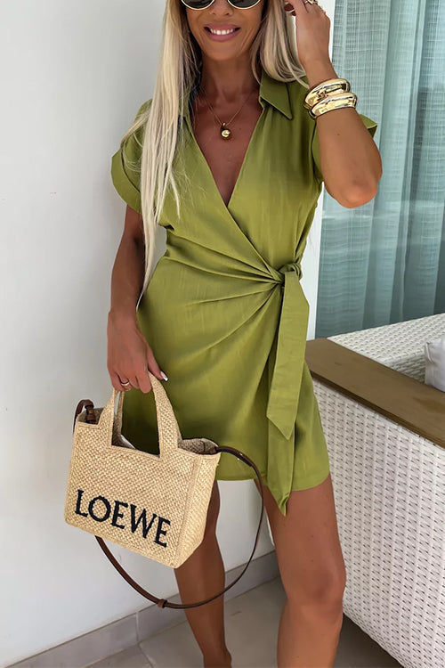 Wrap V Neck Tie Knot Shorts Romper Olive
