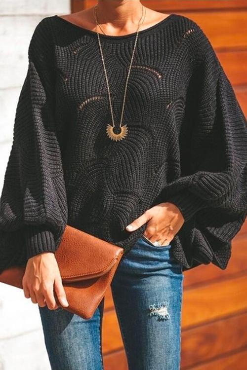 Solid Irregular Hem Lantern Sleeve Knit Sweater Black