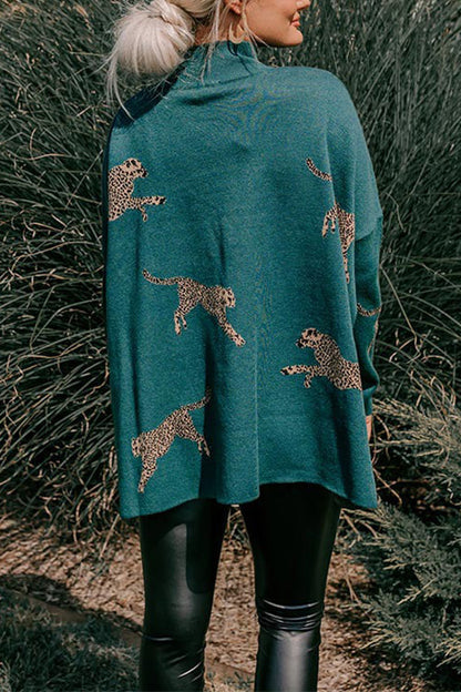 Rosiedress High Neck Side Slit Cheetah Pattern Sweater