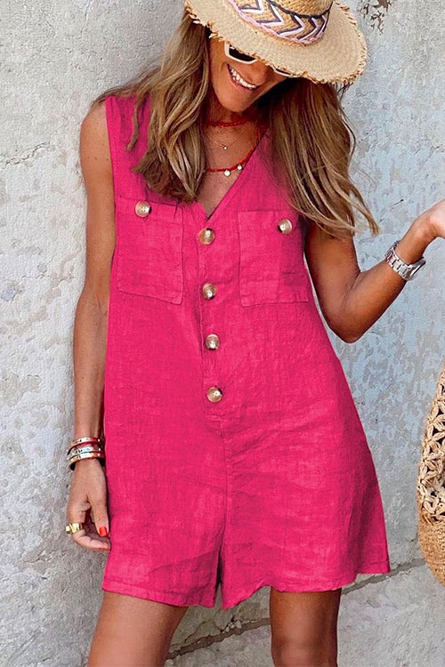 Rosiedress V Neck Buttons Wide Leg Tank Romper HotPink